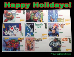 Holiday themed tags from Wizard Magazine including superheroes like Deadpool, Strangers in Paradise, Mage, Madman, Silver Surfer, Ash, Gen13, Darkchylde, and Luke Cage.